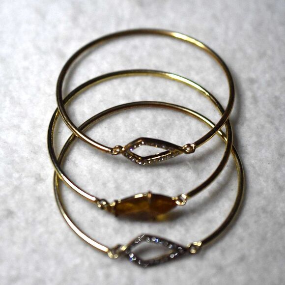 Modern Stylish 3 Stackable Gold Tone Amber Stone Rhinestone Accents 5" Bracelets - Picture 2 of 3